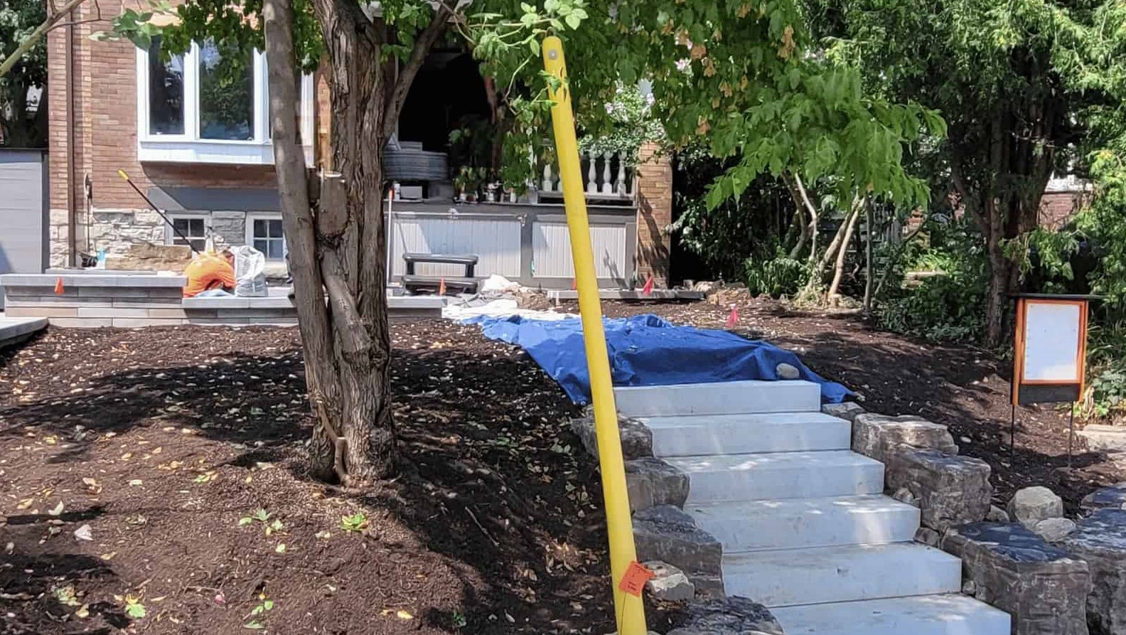 Newly built garden bed without plants, exluding a tree.